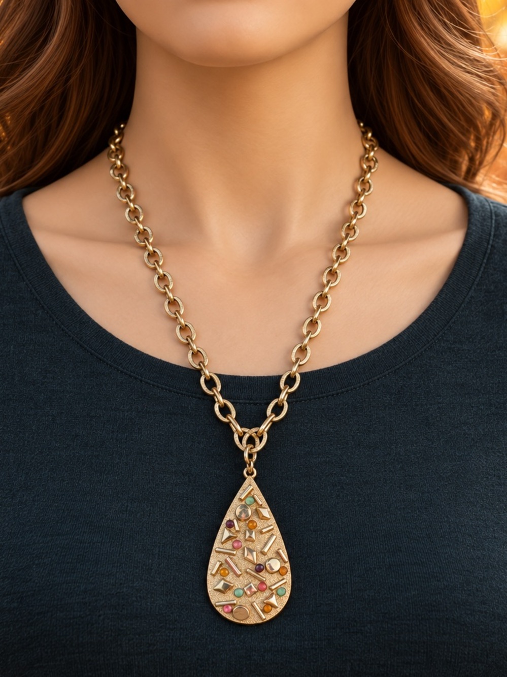 Vintage Sarah Coventry Teardrop Pendant Necklace Multicolor Rhinestones 18”